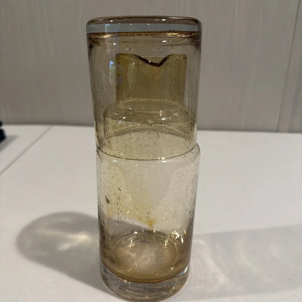 VTG MCM Amber Mouth‎ Blown Bubble Glass Decanter Tumbler Bedside Carafe 8.5